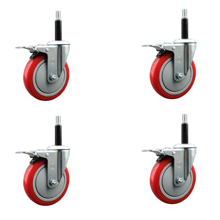 Service Caster 5'' SS Red Poly Swivel 3/4'' Expanding Stem Caster Set Total Lock Brake, 4PK SCC-SSEXTTL20S514-PPUB-RED-34-4